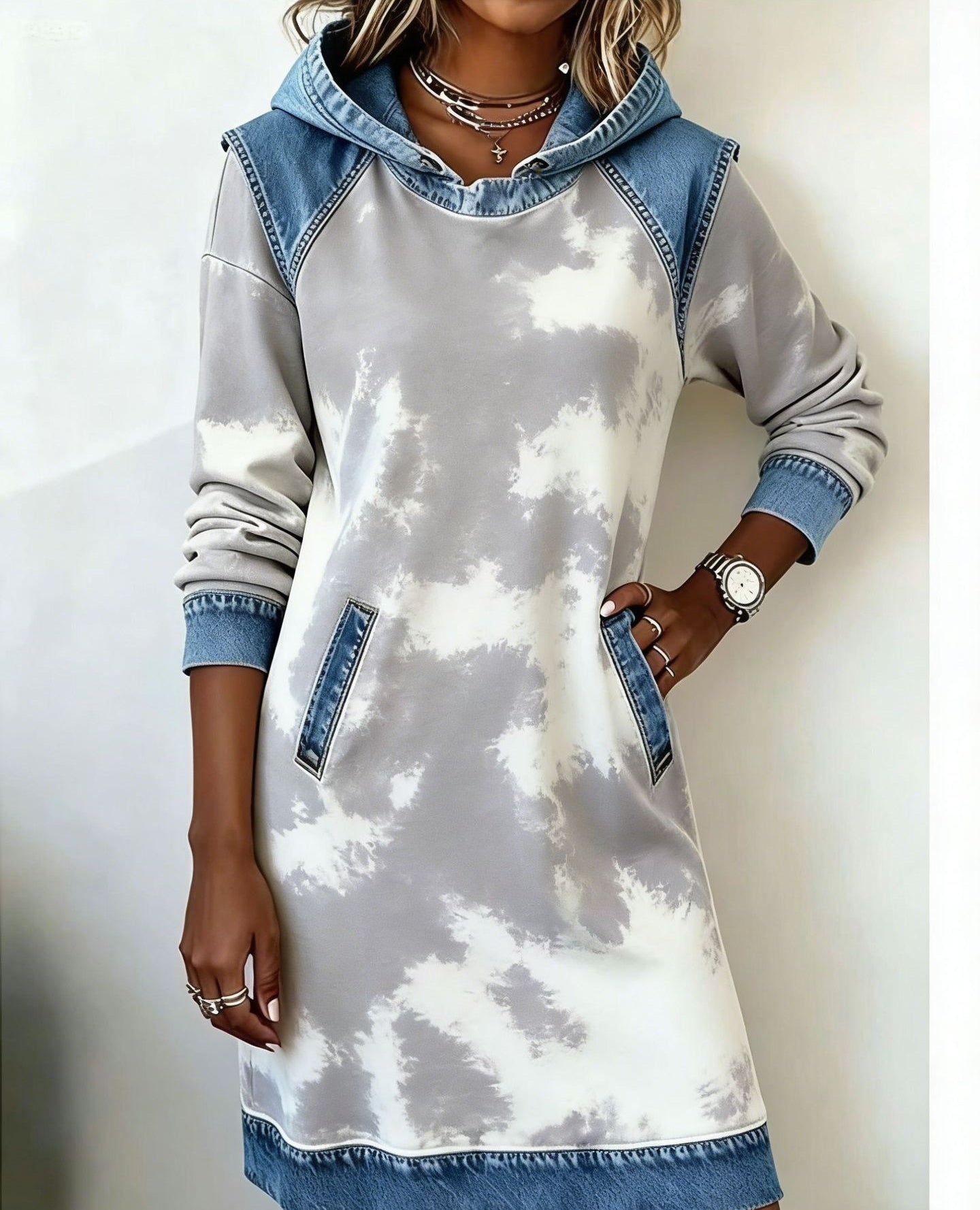 🌷🌞【XS-4XL】Nowa zimowa sukienka z kapturem w stylu denim patchwork 4213327