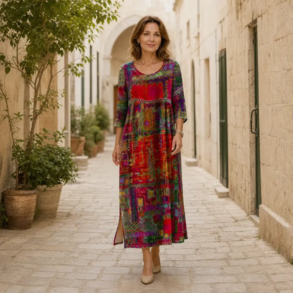 💟【S-5XL】Vestido de mujer de algodón puro, estampado étnico, patchwork, ribete de encaje
