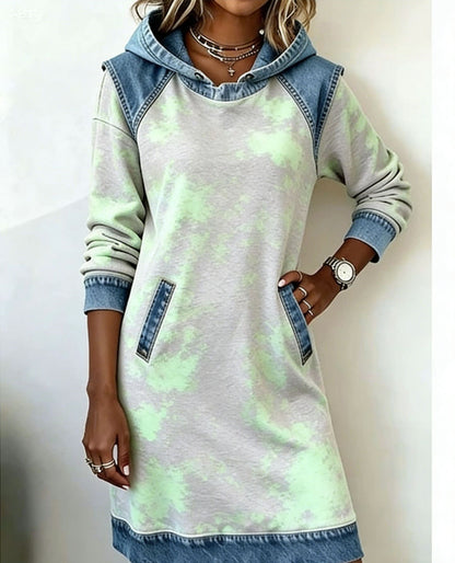 🌷🌞【XS-4XL】Nowa zimowa sukienka z kapturem w stylu denim patchwork 4213327