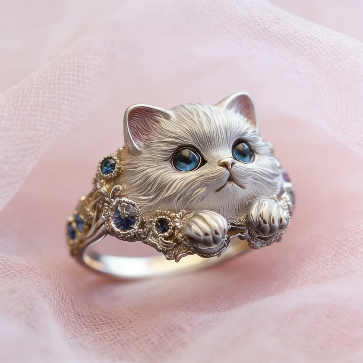 🎁😍🎁😍【Balení po 2 kusech】 Jednoduchý a elegantní stříbrný prsten s kotětem a diamanty 4254083