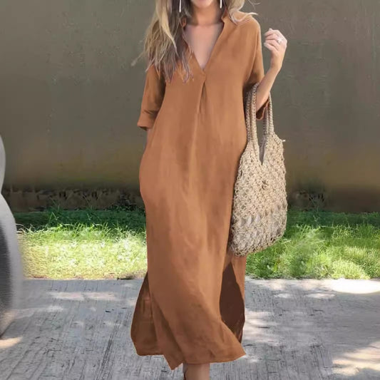 🌿💃【50 % sleva 🔥】【S–3XL】Dlouhé provazové šaty s výstřihem do V a rozparky, pohodlné a lehké na léto