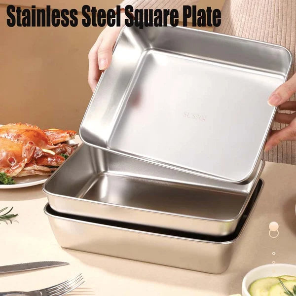 (4 kosov) 🥩🥙Kvadratni krožnik iz nerjavečega jekla + pokrov（material iz nerjavečega jekla 304）