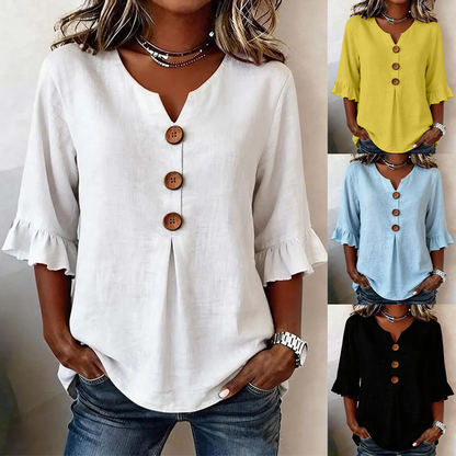 🌟🌟🌼【S-3XL】Pohodlné a prodyšné dámské tričko s nafoukanými rukávy a výstřihem do V na knoflíky.