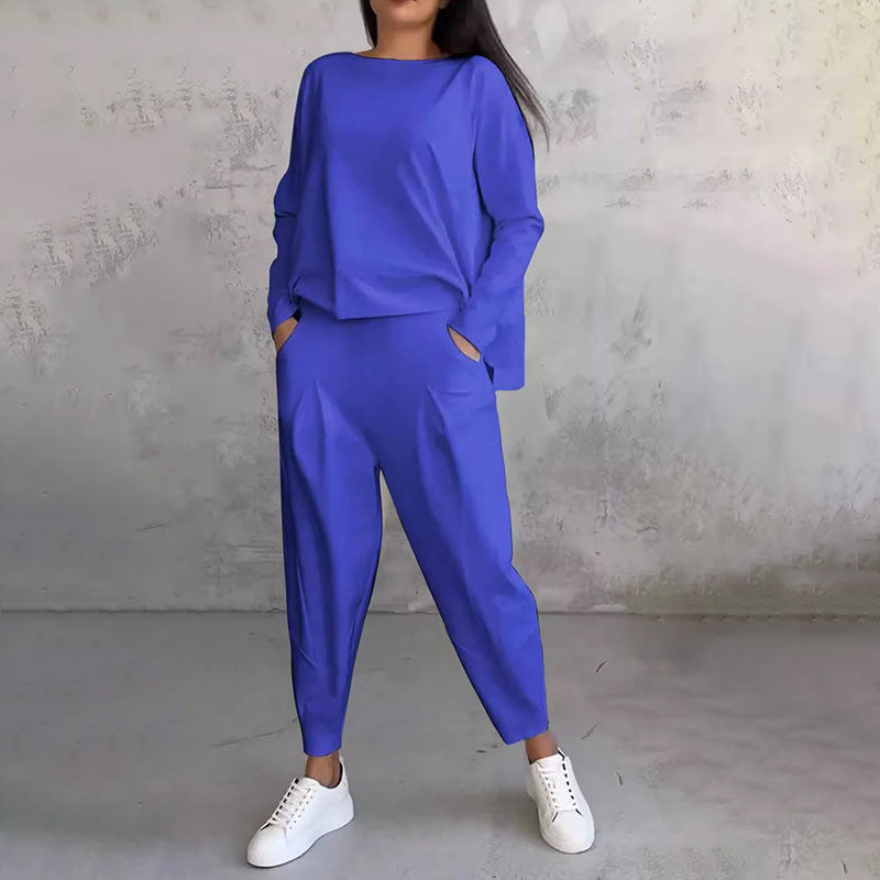 💖 [Zadnji dan 50% popust] Dvodelni komplet hlač z okroglim izrezom in dolgimi rokavi, top in hlače