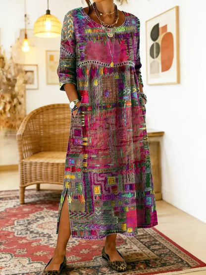 💟【S–5XL】Női ruha tiszta pamutból, etnikai mintával, patchwork kivitelben, csipkés szegéllyel