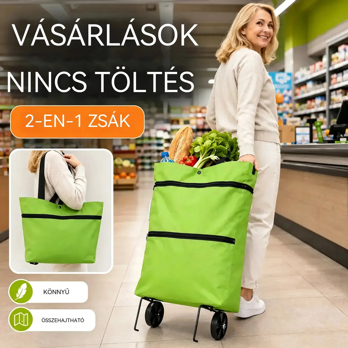 1 db 9900 Ft [Legkelendőbb termék] 🛒♻️ 2 az 1-ben összecsukható bevásárlótáska / hátizsák, könnyű bevásárlótáska / bevásárlókocsi
