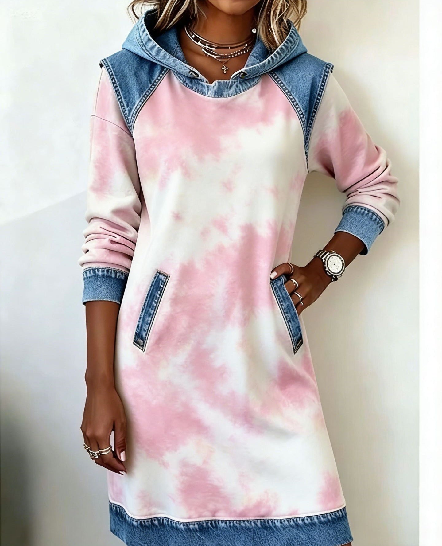 🌷🌞【XS-4XL】Nowa zimowa sukienka z kapturem w stylu denim patchwork 4213327