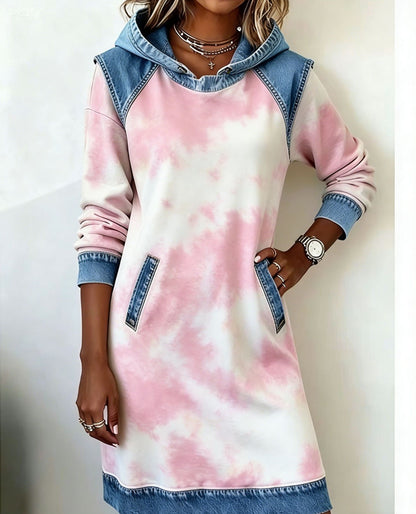 🌷🌞【XS-4XL】Nowa zimowa sukienka z kapturem w stylu denim patchwork 4213327