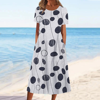 🌺👗 Letní hit【S–3XL】2026 Volné letní šaty s kulatým výstřihem a potiskem, prodyšné, pohodlné a snadno kombinovatelné