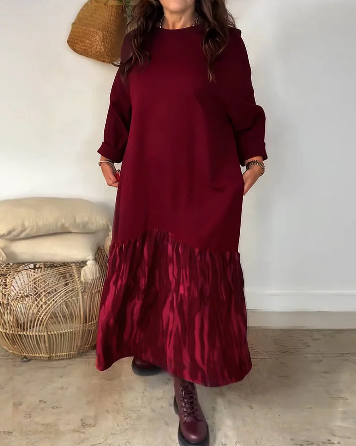 ✨【S-3XL】Ženska ohlapna obleka z okroglim izrezom, okrašena z nepravilnim vzorcem patchworka, vsestranska in udobna.