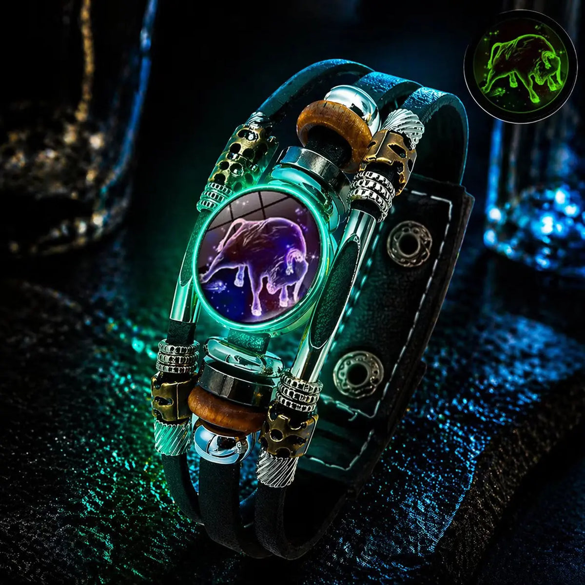 🌙 Pulsera de Cuero Zodiacal Luminiscente – Trenzado de 3 Capas, Longitud Ajustable, Unisex 💫✨