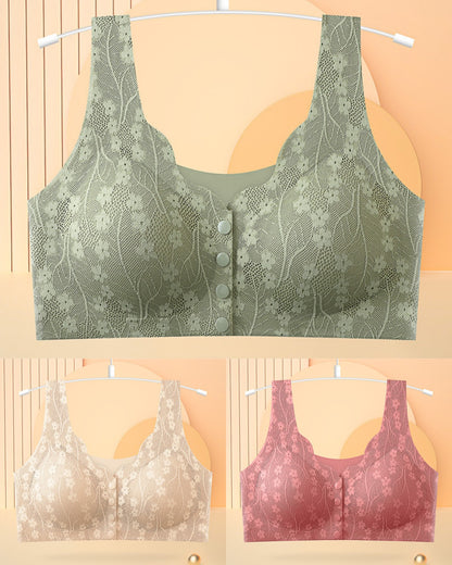 😍【3sztuk】【40-100KG】Damski, bezprzewodowy, koronkowy biustonosz zapinany z przodu