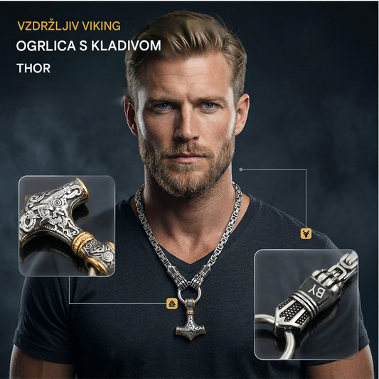 ⚡ 50 % POPUST 🔥 Vikinška ogrlica s Thorovim kladivom