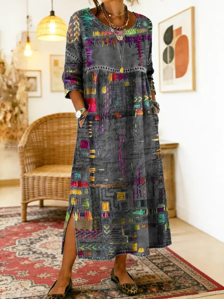 💟【S–5XL】Női ruha tiszta pamutból, etnikai mintával, patchwork kivitelben, csipkés szegéllyel