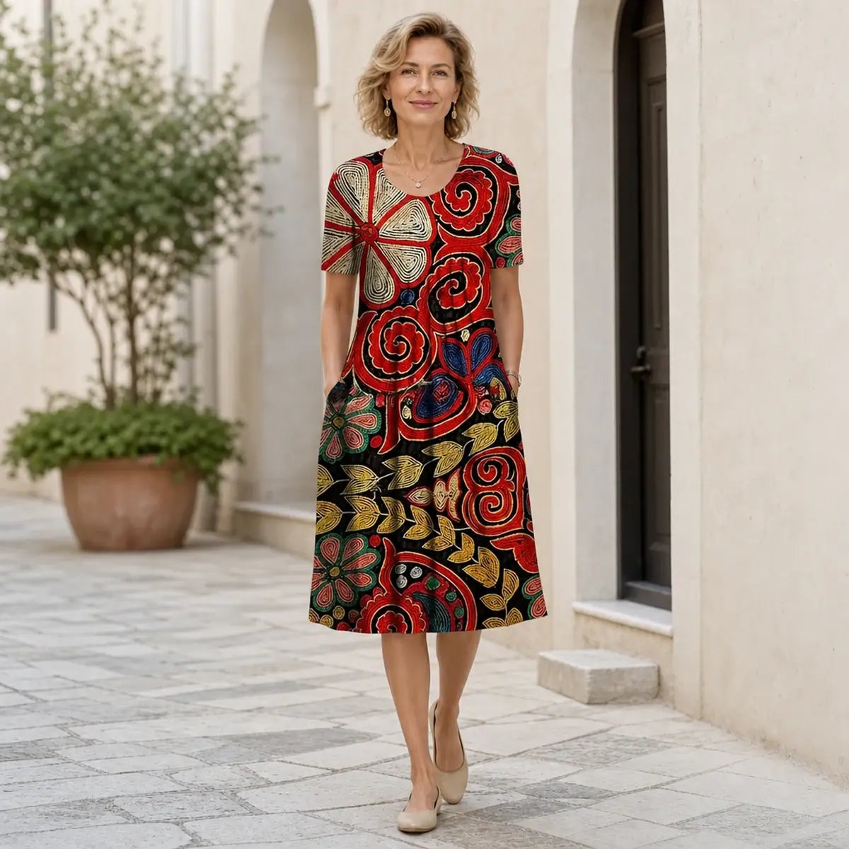⏳ 🌺50 % popust【S-5XL】Sodobna obleka z okroglim izrezom in potiskom.