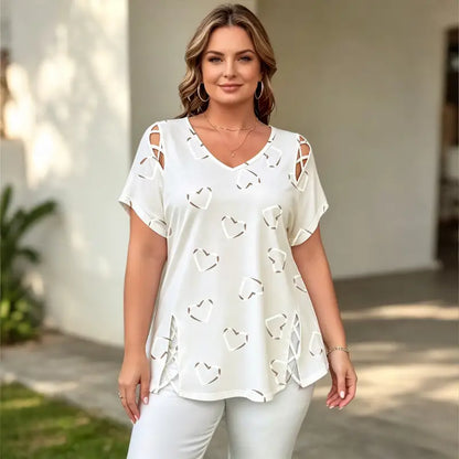 👚【S-5XL】Modna koszulka z dekoltem w serek i wycięciem w kształcie serca-4300305