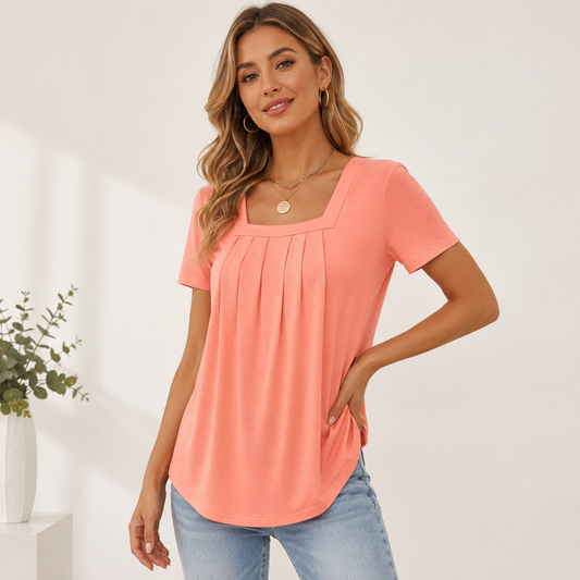 👚 【Časově omezená nabídka】【S-5XL】 ✨ Měkké a prodyšné dámské letní tričko s hranatým výstřihem, které se snadno kombinuje s doplňky.