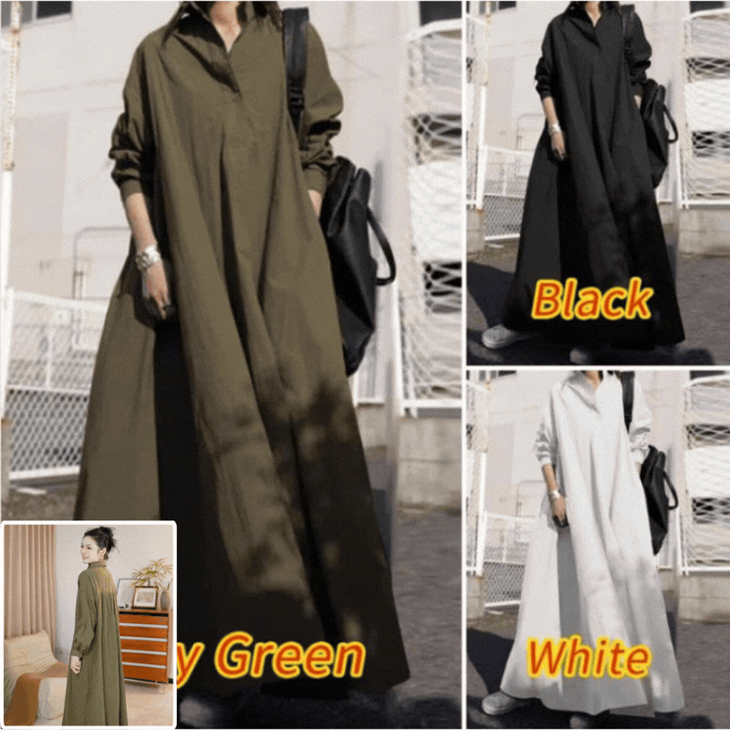 🔥😍Časově omezená nabídka💃👗Volné košilové šaty pro větší velikosti, límec s rolákovým límcem, dlouhé rukávy a splývavá sukně na zem. 4224552