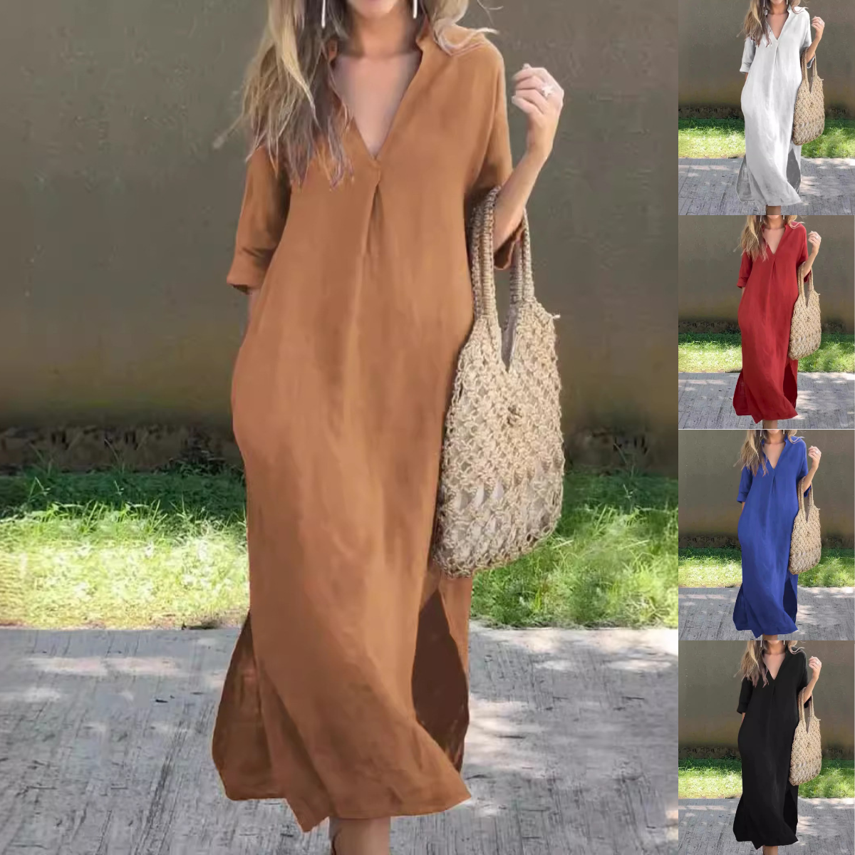 🌿💃【Sleva 50 % 🔥】【S–3XL】Letní lněné maxi šaty s výstřihem do V a rozparky – pohodlné a lehké na léto 4260842