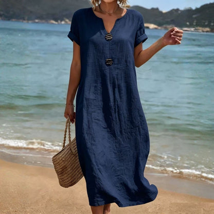 (Último día, 50% de descuento) Vestido holgado de algodón y lino, ligero y transpirable, elegante y cómodo.