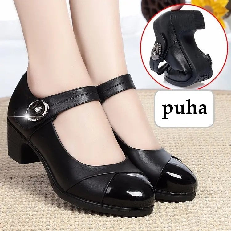 【35-42】Zapatos de cuero genuino con punta redonda y suela suave para mujer