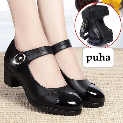 【35-42】Zapatos de cuero genuino con punta redonda y suela suave para mujer