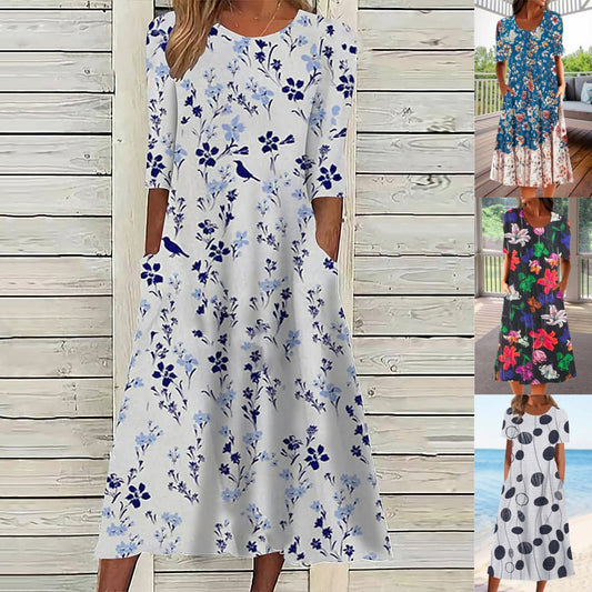🌺👗 Letní hit【S–3XL】2026 Volné letní šaty s kulatým výstřihem a potiskem, prodyšné, pohodlné a snadno kombinovatelné
