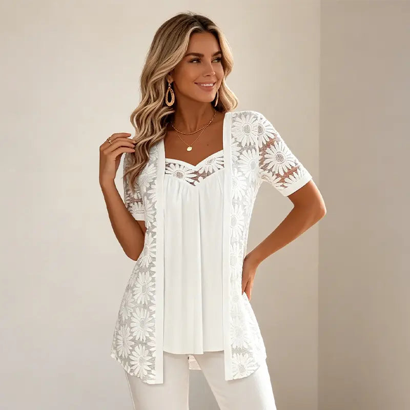 👚 S–4XL Elegantní halenky 2 v 1 s krajkou a síťovinou – zeštíhlující střih proti bříšku, 5 barev, velikosti! 🌸✨