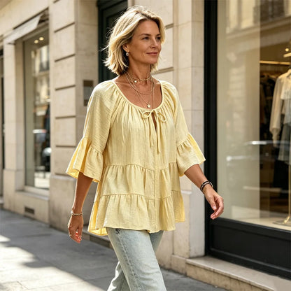 🌺🚶‍♀️Elegantní damská halenka s volánky a stahovací šňůrkou u výstřihu, tříčtvrteční zvonové rukávy, texturovaná košile v boho-chic stylu, ležérní peplum vzor