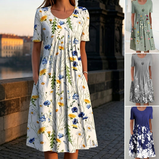 👗【40-120KG】Vestido de moda de verano con cuello redondo y estampado, transpirable, cómodo y que estiliza la figura.