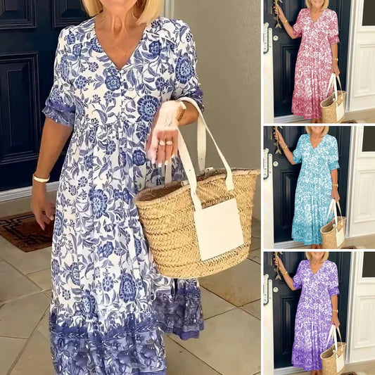 💃【S-5XL】2025 nuevo vestido largo floral elegante con cuello en V