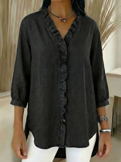 🔥 Pago contra reembolso ✅️【40-100kg】Camisa vaquera informal para mujer con cuello en V y volantes