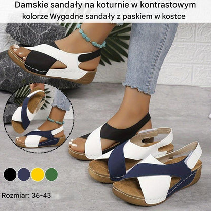 💃【36-43】Damskie sandały na koturnie w kontrastowym kolorze, wygodne sandały z paskiem na kostce 4218150