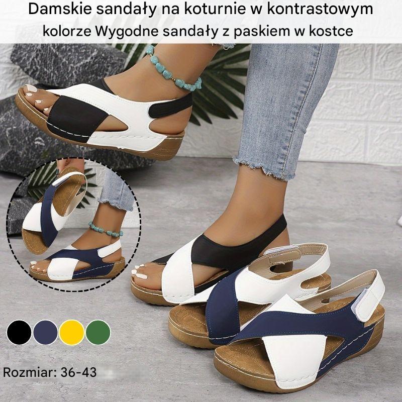 💃【36-43】Damskie sandały na koturnie w kontrastowym kolorze, wygodne sandały z paskiem na kostce 4218150