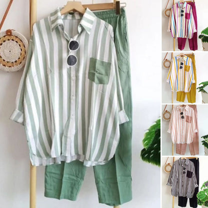 ✨🌺【S-5XL】Nová letní módní ležérní souprava (pruhovaná košile s potiskem + kalhoty)