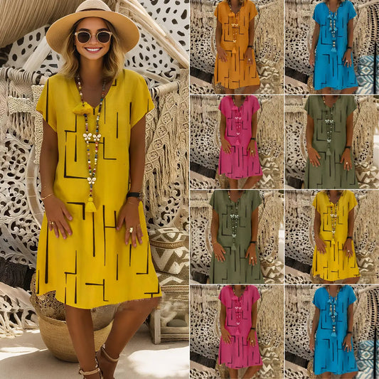 【50% OFF】 👗 【S-5XL】 Vestido de algodón estampado con cuello en V