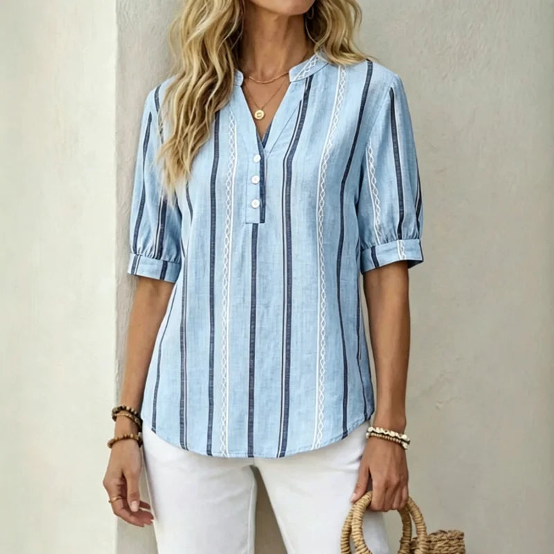 👚 🌺【 sleva 50 %】Letní pruhovaná halenka s krátkým rukávem z prodyšné směsi bavlny a lnu.