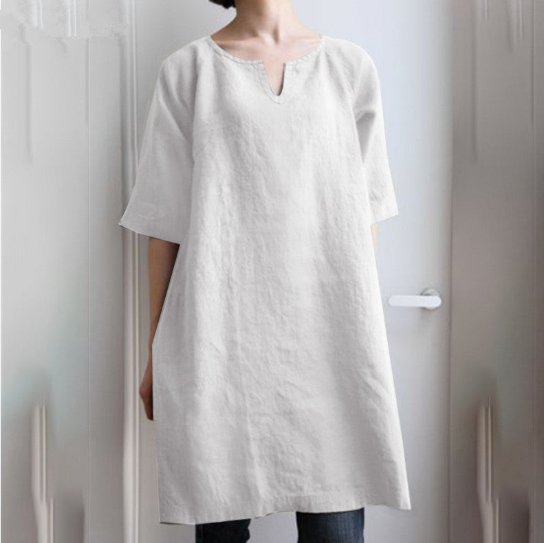 ✨【S–3XL】Dámské volné šaty z bavlny a lnu, s malým výstřihem do V, prodyšné, měkké a pohodlné na nošení
