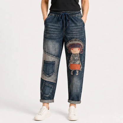 Ženske retro ohlapne kavbojke z vezeninami in elastičnim pasom – harem kavbojke v edinstvenem slogu (velikosti S-5XL, 2 barvi) 👖✨🍂