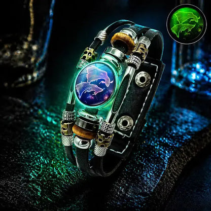🌙 Pulsera de Cuero Zodiacal Luminiscente – Trenzado de 3 Capas, Longitud Ajustable, Unisex 💫✨