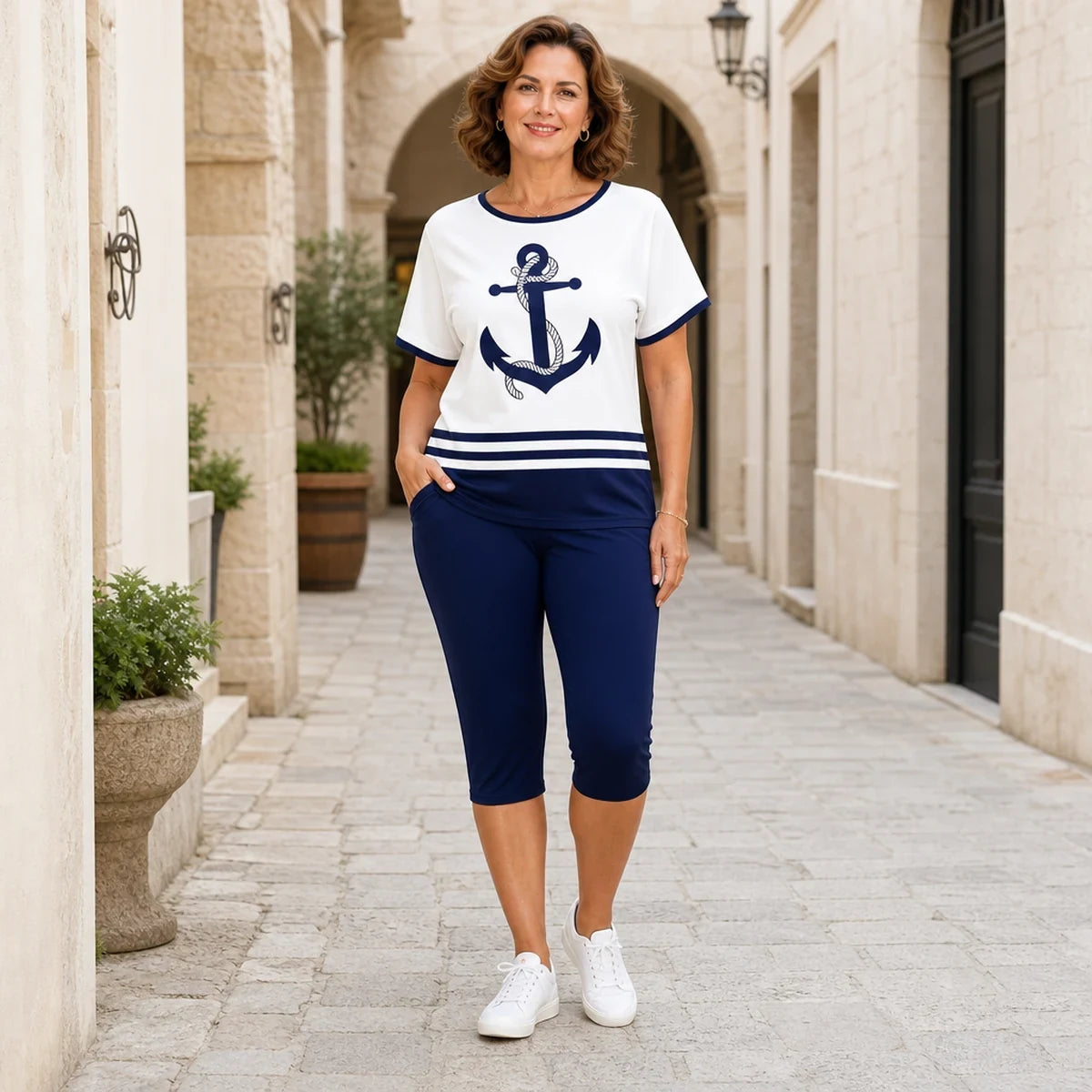 【S-4XL】✨(Tričko + kalhoty) Letní dvoudílná sada pro ženy – tričko s potiskem kotvy a šortky, námořnický styl