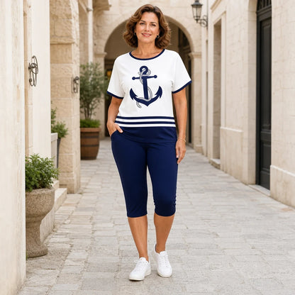 【S-4XL】✨(Tričko + kalhoty) Letní dvoudílná sada pro ženy – tričko s potiskem kotvy a šortky, námořnický styl