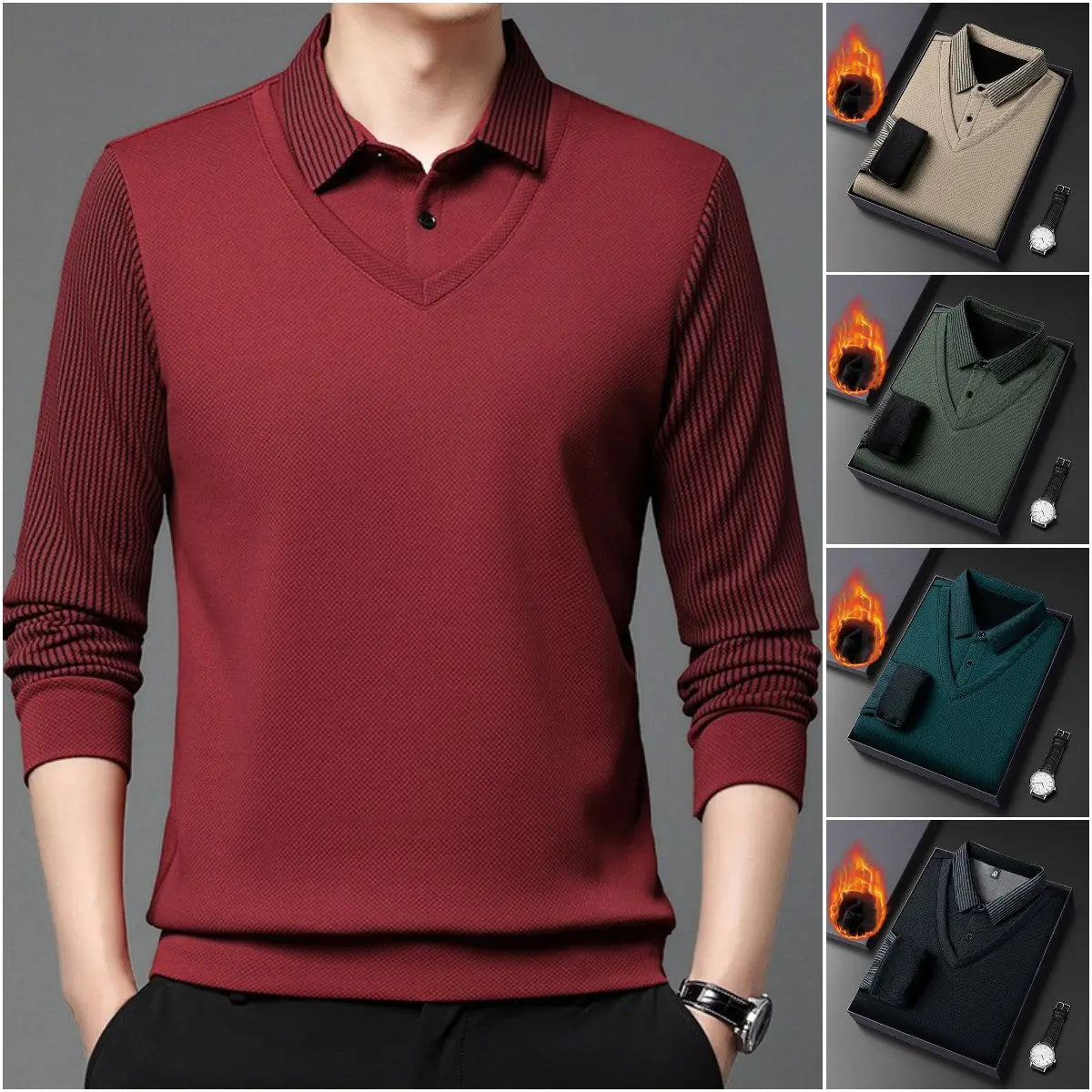 【M-4XL】 Polo majica v videzu dveh kosov z imitacijo črt v slogu patchworka