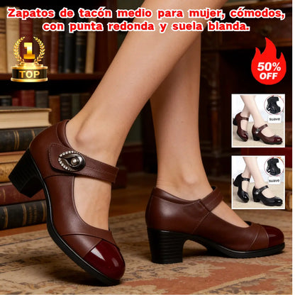 【35-42】Zapatos de cuero genuino con punta redonda y suela suave para mujer