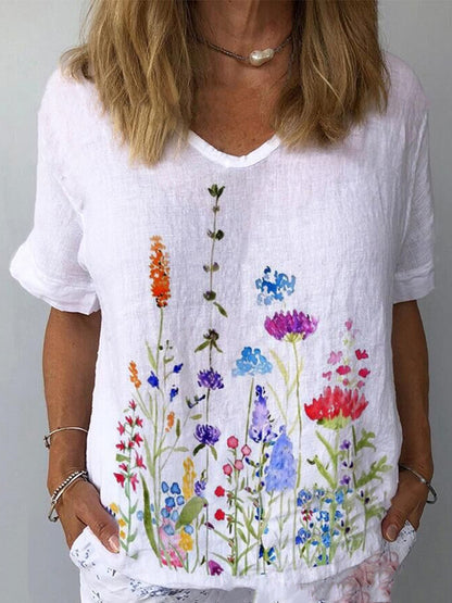 🔥【S-5XL】🌈Camiseta de manga corta de lino y algodón con estampado floral💐_4240731