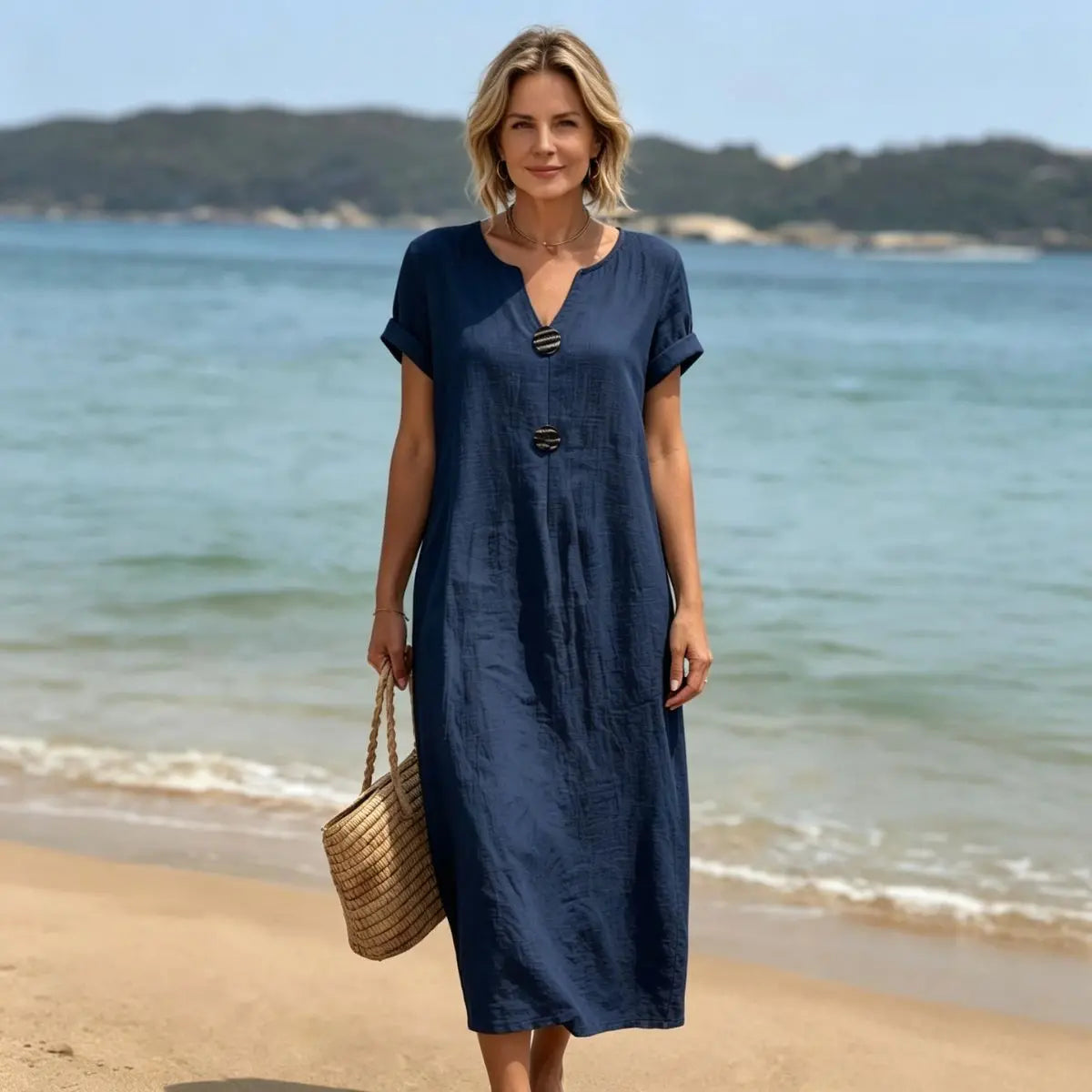 (Último día, 50% de descuento) Vestido holgado de algodón y lino, ligero y transpirable, elegante y cómodo.