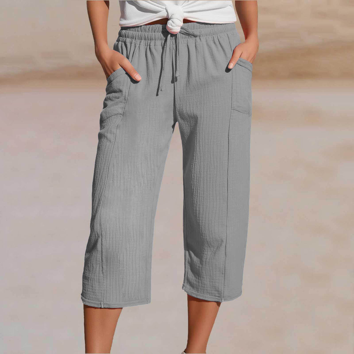 💖👖👖Ženske enobarvne kapri hlače z naborki iz bombaža in lana - hladne in zračne, laskajo obliki nog, elegantne in ležerne