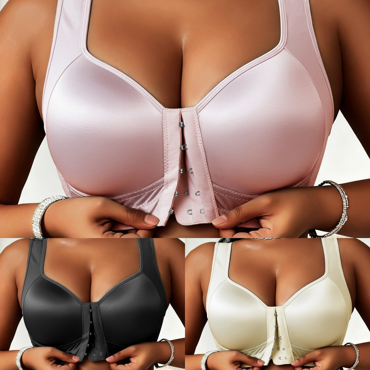 😍👙【3 kosi】【40–100 kg】Modrček z rahlim izrezom, brez žice, z zapenjanjem spredaj in zaščito pred povešanjem