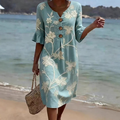 🌼👗【S-3XL】Dámské bavlněné a lněné šaty s nafoukanými rukávy a knoflíky
