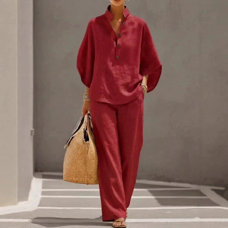 🌺✅ Letní novinka v akci【XS–5XL】Dámský volný set (top a široké kalhoty), svěží a prodyšný, módní a snadno kombinovatelný